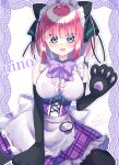  1girl :3 :d absurdres animal_ears animal_hands apron bangs black_gloves black_ribbon black_thighhighs blue_eyes blunt_bangs blush bow bowtie breasts butterfly_hair_ornament cat_ears cat_paws dress elbow_gloves frilled_apron frilled_dress frills gloves go-toubun_no_hanayome hair_ornament highres lace large_breasts looking_at_viewer maid_headdress nakano_nino pink_hair purple_bow purple_bowtie purple_dress ribbon rinne_(mizunosato) shirt simple_background sleeveless smile thighhighs twintails white_shirt 