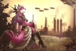  2015 3:2 aircraft airship anthro arthropod biped boots butterfly canid canine clothed clothing detailed_background digital_media_(artwork) dress female flower footwear fox fully_clothed fur grass hair hand_on_own_knee high_heels insect iskra knee_boots knee_highs legwear lepidopteran long_hair mammal outside pink_body pink_fur pink_hair plant selene_leni shaded solo steampunk 