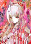  1girl abstract anabone bow closed_mouth collared_shirt fujiwara_no_mokou hair_bow long_hair looking_at_viewer red_bow red_eyes shirt solo touhou two-tone_bow upper_body white_bow white_hair white_shirt 