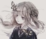  1girl artist_name braid brown_eyes brown_hair bug butterfly closed_mouth expressionless facing_to_the_side highres long_hair looking_afar monarch_butterfly orange_butterfly original paper scar signature sketch solo yonaka_(yolu_sekai) 