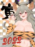  2022 :d arm_warmers bandeau bare_shoulders blush breasts checkered_background chinese_zodiac claw_pose cleavage draph fang granblue_fantasy grey_hair highres horns huge_breasts lancer24 long_hair midriff navel pointy_ears red_eyes red_nails smile threo_(granblue_fantasy) tiger_stripes upper_body very_long_hair year_of_the_tiger 