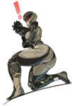  ! 1girl ass bodysuit bullpup frogs_(metal_gear) gas_mask gun helmet highres holding holding_gun holding_weapon huge_ass impossible_bodysuit impossible_clothes kneeling mask metal_gear_(series) metal_gear_solid_4 military military_uniform muscular muscular_female nisetanaka p90 red_eyes submachine_gun thick_thighs thighs toned uniform weapon 