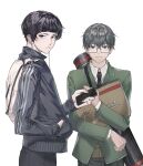  2boys absurdres backpack bag black_hair black_necktie cellphone closed_mouth earbuds earphones frown glasses green_hair grey-framed_eyewear grey_eyes grey_hair hair_between_eyes hand_in_pocket highres holding holding_phone holding_sketchbook looking_at_viewer male_focus multicolored_hair multiple_boys necktie object_hug original phone school_uniform sketchbook smartphone smile solo spicy_oneself streaked_hair white_bag zipper zipper_pull_tab 