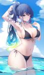  1girl absurdres aqua_hair arm_behind_head arm_up armpits bangs bare_shoulders bikini black_bikini blue_eyes blue_hair blue_sky blush breasts cleavage cloud commentary_request front-tie_bikini_top front-tie_top gradient_hair green_hair hair_between_eyes halterneck hand_up highres komupi large_breasts legs_together light_smile long_hair looking_at_viewer multicolored_hair natsumi_(komupi) navel ocean original parted_lips partially_underwater_shot ponytail red_hair side-tie_bikini_bottom sidelocks skindentation sky solo stomach strap_pull string_bikini summer swimsuit thighs wading wet wet_clothes wet_hair wet_swimsuit 