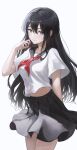  1girl absurdres bangs black_eyes black_hair blush hair_between_eyes hand_up highres long_hair looking_at_viewer matsogum midriff_peek neckerchief original red_neckerchief sailor_collar school_uniform serafuku simple_background skirt smile solo very_long_hair white_background 