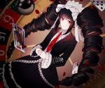  1girl ball bangs black_hair black_jacket blurry blurry_background bonnet card celestia_ludenberg collared_shirt danganronpa:_trigger_happy_havoc danganronpa_(series) drill_hair dutch_angle earrings headdress jacket jewelry kkochmeli lace-trimmed_skirt lace_trim layered_skirt long_hair long_sleeves looking_at_viewer necktie open_clothes open_jacket own_hands_together playing_card print_necktie red_necktie roulette_table shirt skirt solo table twin_drills twintails white_shirt 