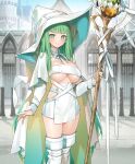  1girl bangs boots breasts cape closed_mouth dress evertale green_eyes hat holding holding_staff long_hair looking_at_viewer medium_breasts merlin_(evertale) official_art popqn revealing_clothes solo staff standing thigh_boots white_footwear witch_hat 