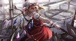  1girl absurdres arms_up artist_name back bangs blonde_hair chinese_commentary closed_mouth collared_shirt commentary_request crystal flandre_scarlet frills from_behind gears grey_headwear grey_shirt hair_between_eyes hands_up hat hat_ribbon highres holding holding_weapon jewelry laevatein_(touhou) looking_at_viewer looking_back mob_cap multicolored_wings one-piece_swimsuit polearm puffy_short_sleeves puffy_sleeves red_eyes red_ribbon red_skirt red_vest ribbon shirt short_hair short_sleeves skirt skirt_set solo spear standing swimsuit top-exerou touhou vest weapon wings wrist_cuffs 