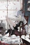  1girl absurdres angel angel_wings candle christmas closed_mouth dated ema_(613mitzvot) flower highres holly horns long_hair long_sleeves looking_at_viewer original pale_skin red_flower sitting solo twintails white_eyes white_hair window wings 