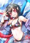  1girl alternate_costume bangs bikini black_bikini blue_sky blue_wings blush breasts cleavage cloud commentary_request dutch_angle grin houjuu_nue looking_at_viewer medium_breasts multicolored_bikini multicolored_clothes navel ocean pink_nails pointy_ears polka_dot red_eyes red_wings short_hair sky smile solo swimsuit touhou upper_body w water wings yakkyokuya 