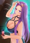  1girl absurdres adjusting_eyewear blurry blurry_background breasts cleavage closed_mouth criss-cross_halter dot_nose english_commentary fate/grand_order fate/stay_night fate_(series) forehead glass halterneck hand_up highres holding iro_(boo_iro) long_hair medusa_(fate) medusa_(rider)_(fate) o-ring o-ring_top outdoors pool purple_eyes purple_hair smile solo swimsuit upper_body v-shaped_eyebrows 