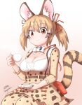  1girl animal_costume animal_ear_fluff animal_ears breasts brown_eyes brown_hair cat_ears cat_girl cat_tail closed_mouth cup kemono_friends kemono_friends_v_project kneehighs large-spotted_genet_(kemono_friends) large_breasts long_hair looking_at_viewer microphone multicolored_hair ribbon shirt skirt smile socks solo tail taurine_8000mg tea teacup twintails virtual_youtuber 