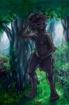  anonymous_artist anthro cryptid fangs forest hi_res leaning leme_meek male masturbation monster plant short_fur solo tree 