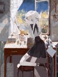  1girl absurdres bandages blue_sky closed_mouth curtains ema_(613mitzvot) flower highres horns loafers long_hair looking_at_viewer looking_back original pale_skin school_uniform serafuku shoes short_sleeves sky solo sunflower table white_eyes white_hair window 