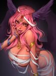  1girl :3 ankh bandages brassica breasts dark_background dragon_wings facial_tattoo forked_tongue gem hair_between_eyes head_wings heart heart_tattoo highres indie_virtual_youtuber jewelery large_breasts loincloth mummification_(non_bound) naked_bandage pink_hair purple_wings red_gemstone simple_background smile snake_armband tan tattoo teeth tongue tongue_out trickywi wings yellow_eyes 