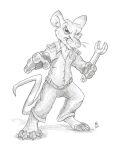  2022 action_pose alternate_species anthro clothed clothing dipstick_ears flinters gloves greyscale handwear hi_res male mammal monochrome multicolored_ears murid murine pose rat rodent rufus_black solo tools whiskers wrench 