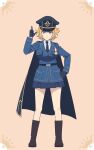  1girl ankle_boots artist_request bare_legs blonde_hair blue_eyes blue_skirt boots breasts cape chris_westland collared_shirt full_body gold_trim hand_on_hip hand_up hat highres kinsou_no_vermeil looking_at_viewer medal military military_hat military_uniform necktie official_art orange_background shirt short_hair skirt solo uniform 