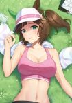  1girl animal_ears bare_shoulders bottle bra breasts brown_hair cleavage collarbone ear_covers freckles grass green_eyes highres horse_ears horse_girl ines_fujin_(umamusume) inuyabu_cc large_breasts looking_at_viewer lying navel on_back outdoors pink_bra side_ponytail single_ear_cover smile solo sports_bra sweat towel umamusume underwear upper_body visor_cap water_bottle 