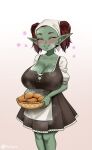  1girl ^_^ apron basket blush body_freckles bread breasts brown_hair cleavage closed_eyes collarbone colored_skin commentary dress english_commentary facing_viewer fang fang_out female_goblin food freckles goblin gradient gradient_background green_skin head_scarf highres holding holding_basket huge_breasts looking_at_viewer original pink_background pointy_ears short_hair shortstack simple_background smile solo steam twintails twitter_username twrlare waist_apron white_background 