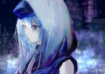  1boy absurdres androgynous arknights bangs bishounen blue_hair blurry blurry_background from_side hat highres hood hoodie infection_monitor_(arknights) male_focus mihaia purple_eyes short_hair sleeveless solo tagme upper_body 