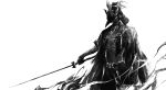  1boy armor ashina_isshin beard facial_hair greyscale helmet highres holding holding_sword holding_weapon japanese_armor japanese_clothes male_focus megasus monochrome sekiro:_shadows_die_twice short_sleeves solo sword weapon 