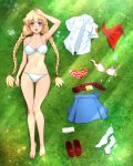  1girl :d arm_up ass_visible_through_thighs bare_arms bare_legs bare_shoulders barefoot belt belt_removed bikini blonde_hair blue_skirt bra bra_removed braid breasts brown_footwear clothes_removed collarbone commentary day everlasting_summer feet flower from_above full_body highres huyase legs long_braid long_hair looking_at_viewer looking_up lying medium_breasts navel on_ground open_mouth outdoors panties panties_removed pink_bra russian_commentary shirt_removed shoes shoes_removed short_sleeves skirt skirt_removed slavya-chan smile socks socks_removed solo striped striped_panties sunlight swimsuit thigh_gap twin_braids twintails underwear very_long_hair white_bikini white_socks 
