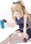  1girl :o absurdres alternate_costume black_ribbon black_tank_top blonde_hair bottle breasts cleavage cynthia_(pokemon) eyes_visible_through_hair gloves grey_eyes gym_shorts hair_over_one_eye hair_ribbon highres holding holding_bottle legs long_hair looking_at_viewer medium_breasts parted_lips pokemon pokemon_(game) pokemon_masters_ex ponytail red_gloves ribbon short_shorts shorts sidelocks sitting solo sweat tank_top thigh_strap thighs uha very_long_hair water_bottle white_background 