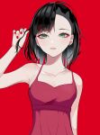 1girl arm_up asymmetrical_bangs bangs bare_shoulders black_hair breasts clea collarbone dress ear_piercing eyelashes green_eyes hair_down highres lips looking_at_viewer marnie_(pokemon) parted_lips piercing pink_dress pokemon pokemon_(game) pokemon_swsh red_background red_nails short_hair simple_background solo spaghetti_strap tor_(torkrub111) undercut upper_body 
