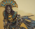  1girl black_hair black_sclera braid colored_sclera colored_skin egyptian_clothes eye_socket grey_skin khalida_neferher leaning_forward looking_at_viewer mask mask_removed mossacannibalis pharaoh robe skull solo total_war:_warhammer warhammer_fantasy yellow_eyes zombie 