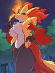  anthro areola black_body black_fur breasts deathzera delphox female fire fur generation_6_pokemon hi_res holding_object looking_at_viewer night nintendo nipples orange_areola orange_nipples outside pokemon pokemon_(species) pokemorph red_body red_fur solo video_games yellow_body yellow_fur 