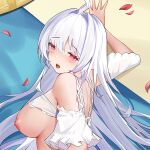  1girl ahoge back bangs bare_shoulders blush breasts cirnos dakimakura_(medium) detached_sleeves fate/grand_order fate_(series) hair_intakes lady_avalon_(fate) lady_avalon_(second_ascension)_(fate) long_hair merlin_(fate/prototype) nipples open_mouth red_eyes sideboob sideways solo white_hair 