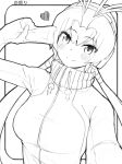  1girl bangs blush commentary deku_suke drawstring eyes_visible_through_hair greyscale hair_between_eyes headphones heart highres kemono_friends leaning_to_the_side long_hair looking_at_viewer low_twintails monochrome royal_penguin_(kemono_friends) selfie smile solo translated turtleneck twintails upper_body v 
