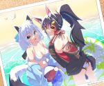  absurdres animal_ear_fluff animal_ears ball bangs bikini black_bow black_hair black_hoodie blue_hoodie blush bow braid breasts commentary_request crab fox_ears fox_girl fox_tail fubuzilla_(shirakami_fubuki) green_eyes hair_between_eyes hair_bow hair_ornament hairclip highres holding holding_ball hololive hood hoodie long_hair looking_at_viewer looking_back multicolored_hair murasame_(sword_of_nmkr) ookami_mio open_clothes open_hoodie open_mouth photo_(object) ponytail red_hair shirakami_fubuki sidelocks single_braid small_breasts smile streaked_hair swimsuit tail tail_around_leg twitter_username virtual_youtuber white_bikini white_hair wolf_ears wolf_girl wolf_tail yellow_eyes 