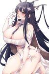  1girl azur_lane between_breasts black_hair breasts brown_eyes clothing_cutout dress flower full_body gloves hair_flower hair_ornament highres huge_breasts indomitable_(azur_lane) long_hair navel navel_cutout no_panties one_eye_closed open_mouth revealing_clothes see-through see-through_dress simple_background skindentation solo strap_between_breasts utani_(punishment) very_long_hair white_background white_flower white_gloves 