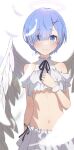  1girl absurdres angel angel_wings bangs bare_shoulders black_ribbon blue_eyes blue_hair blunt_bangs blurry blurry_background blush breasts camui1104 clenched_hand closed_mouth eyes_visible_through_hair feathers hair_ornament hair_over_one_eye halo hand_on_own_chest highres looking_at_viewer medium_breasts miniskirt navel neck_ribbon pleated_skirt re:zero_kara_hajimeru_isekai_seikatsu rem_(re:zero) ribbon short_hair skirt smile solo standing stomach underboob white_feathers white_skirt wings wrist_cuffs x_hair_ornament 