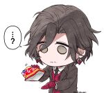  ... 1boy ? bag_of_chips black_hair black_jacket black_necktie brown_eyes chibi collared_shirt constantine_xi_(fate) curtained_hair earrings fate/grand_order fate_(series) food food_on_face gloves holding jacket jewelry male_focus masaki_(star8moon) necktie no_pupils parted_lips red_gloves red_vest shirt short_hair simple_background solo spoken_ellipsis spoken_question_mark suit_jacket upper_body vest white_background white_shirt 