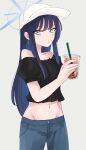  1girl absurdres alternate_costume bangs bare_shoulders baseball_cap black_shirt blue_archive blue_eyes blue_hair commentary_request cowboy_shot crop_top cup denim disposable_cup drinking_straw earrings grey_background groin hat highres holding holding_cup hoop_earrings jeans jewelry long_hair looking_at_viewer midriff mizutamari_(lbsbdpsp) navel off-shoulder_shirt off_shoulder pants parted_lips puffy_short_sleeves puffy_sleeves saori_(blue_archive) shirt short_sleeves simple_background solo standing stomach very_long_hair white_headwear 