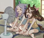  2girls =_= animal_ears bangs bare_shoulders barefoot blue_camisole blue_shorts blush brown_hair camisole closed_eyes electric_fan fan_speaking highres horse_ears horse_girl horse_tail indian_style long_hair mejiro_mcqueen_(umamusume) multicolored_hair multiple_girls open_mouth ponytail purple_hair saba_no_hige shorts shouji sitting sliding_doors smile streaked_hair sweat tail teeth thick_eyebrows tokai_teio_(umamusume) tongue tongue_out umamusume v-shaped_eyebrows yellow_camisole yellow_shorts 