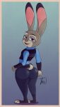  anthro big_butt butt butt_focus disney female fur gradient_background grey_body grey_fur hi_res judy_hopps lagomorph leporid looking_at_viewer looking_back mammal rabbit short_stack simple_background solo thael thick_thighs zootopia 