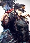  2boys artist_name black_hair black_headwear black_jacket black_shirt blue_eyes blue_skin chain clenched_hand closed_mouth collar_chain colored_skin commentary_request earrings gakuran gloves hat jacket jewelry jojo_no_kimyou_na_bouken k-suwabe kujo_jotaro long_sleeves looking_at_viewer male_focus multiple_boys muscular muscular_male partial_commentary pointing pointing_at_viewer school_uniform shirt short_hair simple_background stand_(jojo) star_platinum stardust_crusaders triangle_print upper_body white_background 