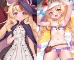  1girl :d armpits arms_up ass_visible_through_thighs bag bikini black_cape blonde_hair blush bow braid breasts cape commentary_request commission dakimakura_(medium) fang flower frilled_bikini frills gloves hair_bow hairband hand_on_own_chest hands_on_headwear hat hat_flower little_witch_nobeta long_hair looking_at_viewer lying multiple_views navel nobeta nyatrix on_back open_mouth purple_bow red_eyes scrunchie small_breasts smile stomach sun_hat swimsuit thigh_scrunchie twin_braids two-sided_fabric white_gloves witch_hat wrist_scrunchie 