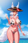  1girl absurdres animal_ears areola_slip bikini blue_sky blush breasts cleavage cowboy_shot day fox_ears fox_girl fox_tail grey_hair hat highres huge_breasts makinakid medium_hair micro_bikini mole mole_under_eye navel nijisanji nijisanji_en nina_kosaka ocean print_bikini red_eyeliner red_eyes shiny shiny_hair shiny_skin short_eyebrows sky solo standing swimsuit tail underboob virtual_youtuber water wet 