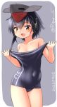  1girl asymmetrical_hair bare_shoulders black_hair black_one-piece_swimsuit breasts brown_eyes clothes_pull commentary_request cowboy_shot hair_between_eyes hat headphones i-14_(kancolle) kantai_collection one-hour_drawing_challenge ray.s school_swimsuit short_hair small_breasts solo swimsuit swimsuit_pull 