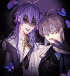  2boys black_gloves bug butterfly eiden_(nu_carnival) fingerless_gloves gloves highres jewelry light_particles male_focus mielmiere multiple_boys nu_carnival purple_butterfly purple_hair rin_(nu_carnival) ring short_hair siblings smile sparkle twins veil_over_eyes 