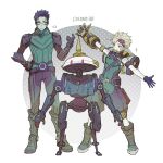  2boys black_gloves black_hair boots colored_skin glasses gloves goggles goggles_on_head grey_skin highres mechafriend_(xenoblade) multiple_boys open_arms power_fist robot shorts sparkle valdi_(xenoblade) xenoblade_chronicles_(series) xenoblade_chronicles_3 yarr yuzet_(xenoblade) 