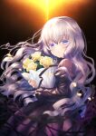  1girl bangs black_dress blue_eyes bouquet dress from_side grey_hair highres holding holding_bouquet long_hair long_sleeves looking_at_viewer nakaishow original puffy_long_sleeves puffy_sleeves solo wind 