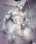  5_fingers abs absurd_res anthro balls bathroom beastars canid canine canis claws fingers fur genitals grey_body grey_fur hi_res humanoid_genitalia humanoid_penis legoshi_(beastars) looking_at_genitalia looking_at_penis male mammal masturbation muscular muscular_anthro muscular_male penis raythefox shower solo tongue tongue_out white_body white_fur wolf 