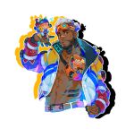  1girl 2boys abs apex_legends bandaid bandaid_on_face bandaid_on_nose baseball_cap blue_eyes blue_headwear cat_ear_headphones collarbone crypto_(apex_legends) dark-skinned_male dark_skin fanny_pack goggles goggles_on_head gold_belt hat headphones hype_beast_crypto jacket korean_commentary lit_witt_mirage looking_to_the_side male_focus miniboy minigirl mirage_(apex_legends) multicolored_clothes multicolored_jacket multiple_boys muscular muscular_male navel official_alternate_costume pants seafoodbf smile sunglasses thunder_kitty_wattson undercut wattson_(apex_legends) white_hair white_pants 