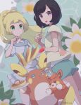  2girls 343rone :o absurdres alolan_raichu black_hair blonde_hair blush_stickers braid closed_mouth commentary_request eyelashes floral_print flower food fork green_eyes green_shorts grey_eyes hand_up highres holding holding_fork holding_plate lillie_(pokemon) long_hair multiple_girls open_mouth pancake pawmi plate pleated_skirt pokemon pokemon_(creature) pokemon_(game) pokemon_sm selene_(pokemon) shirt short_shorts short_sleeves shorts skirt smile split_mouth sweatdrop t-shirt undershirt white_flower white_shirt white_skirt 
