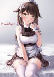  1girl absurdres apron artist_name azur_lane breasts brown_dress brown_hair choukai_(azur_lane) choukai_(tidy_store_tidy_mind)_(azur_lane) dress grey_background highres large_breasts long_hair looking_at_viewer maid_apron maid_headdress makihige official_alternate_costume simple_background sitting thighhighs white_garter_straps white_thighhighs yellow_eyes 
